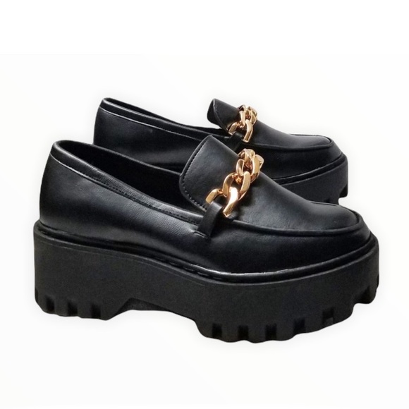 Black Gold Chain Platform Penny Loafers - Picture 3 of 10